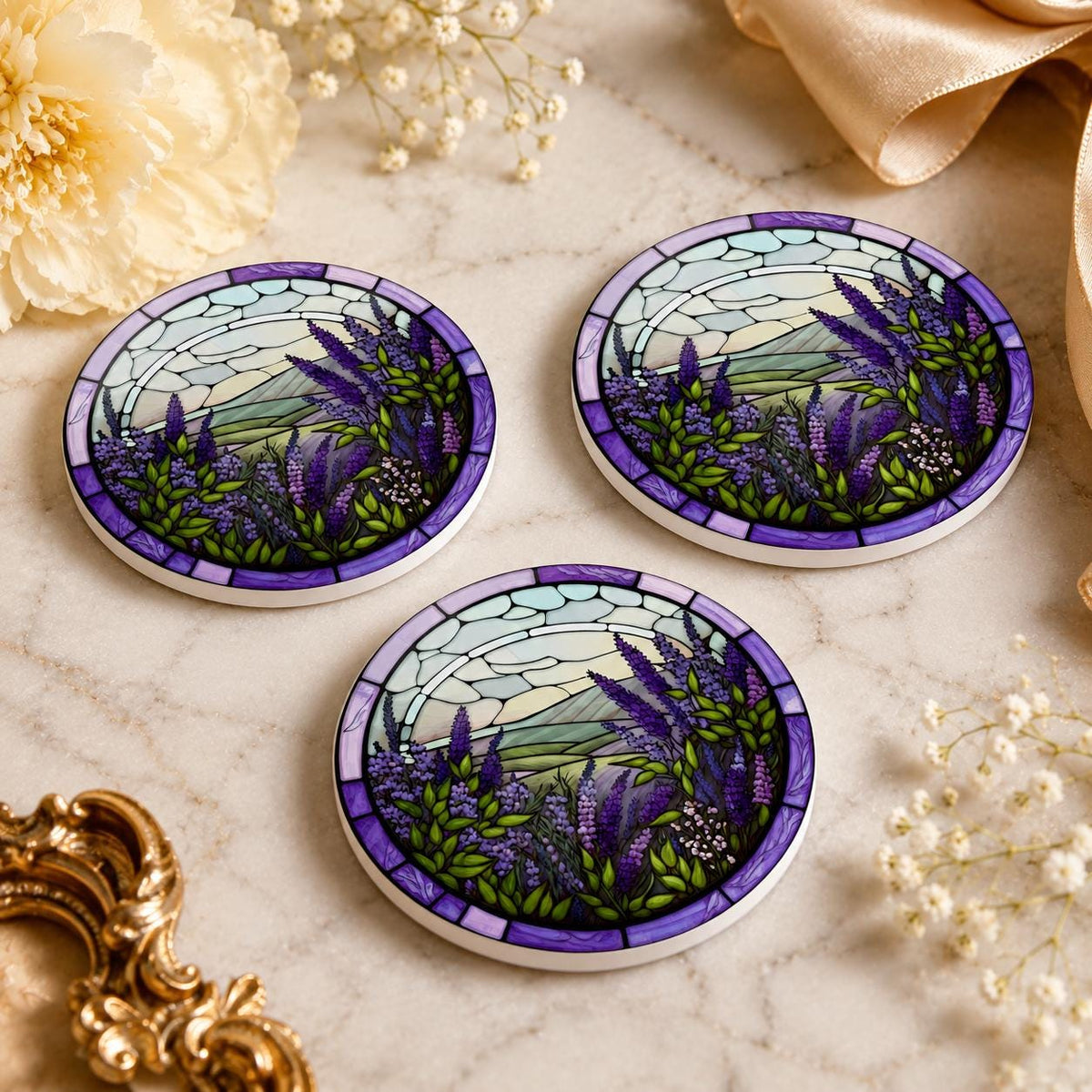 Lavender Ceramic Coaster, Purple Floral Drink Mat, Art-Glass-Inspired Garden Table Decor
