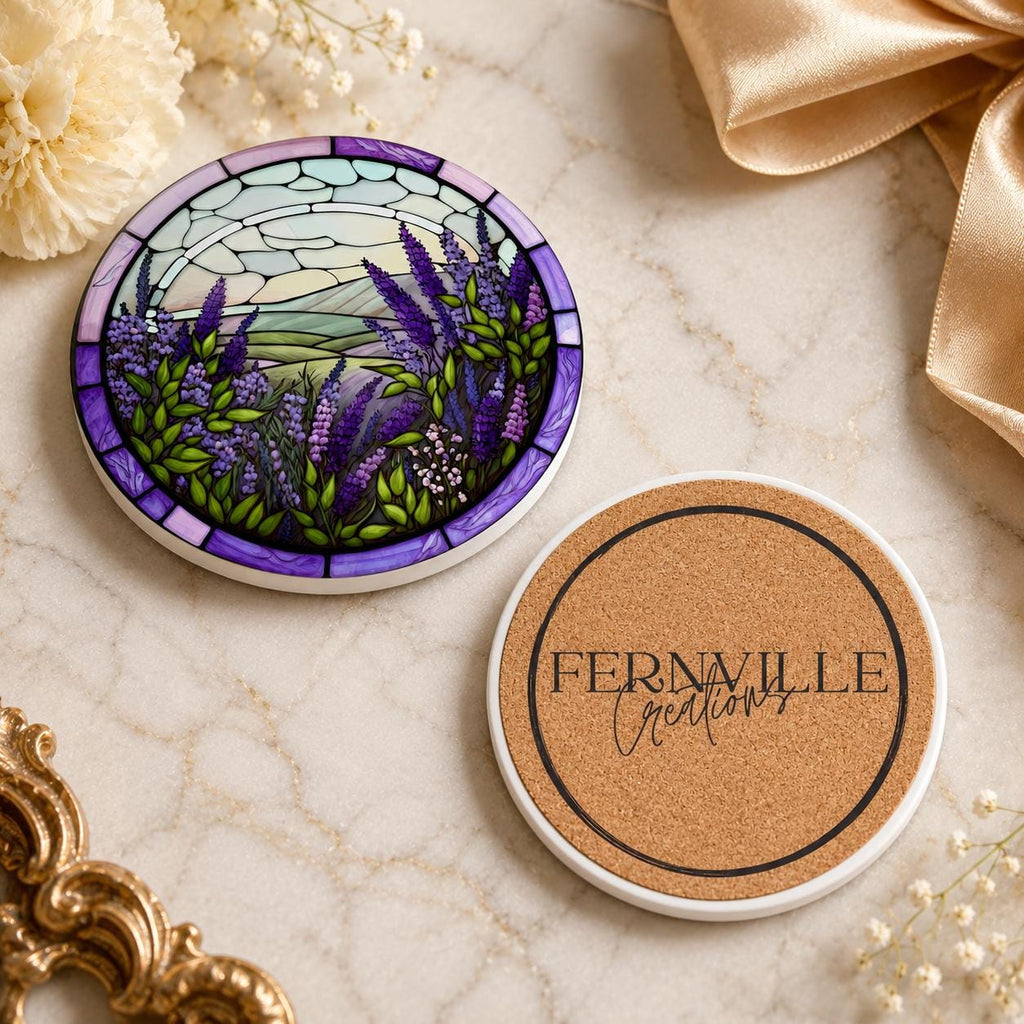 Lavender Ceramic Coaster, Purple Floral Drink Mat, Art-Glass-Inspired Garden Table Decor