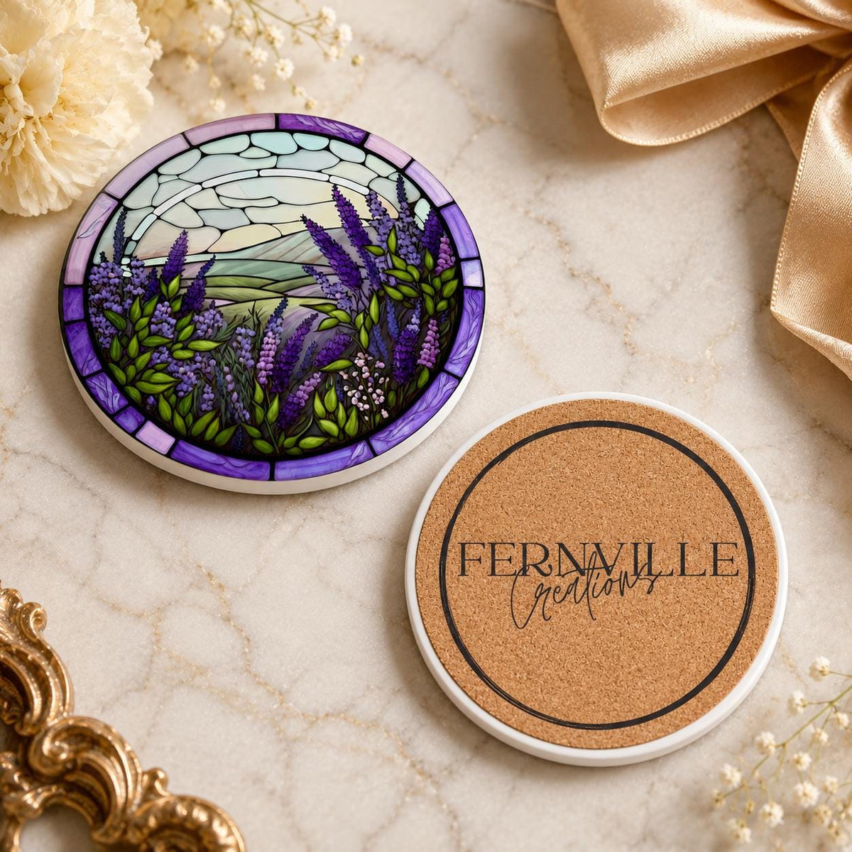 Lavender Ceramic Coaster, Purple Floral Drink Mat, Art-Glass-Inspired Garden Table Decor
