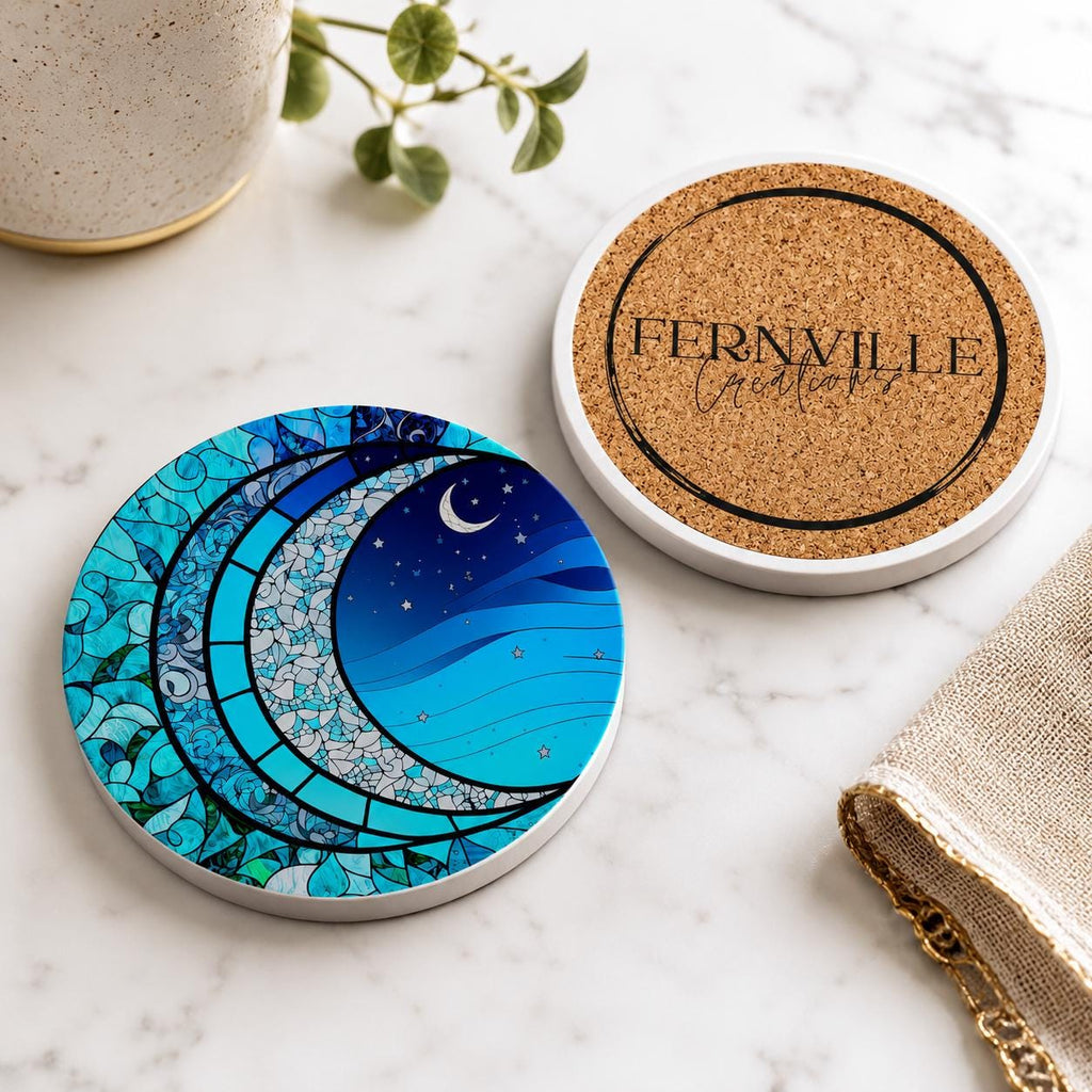 Moon Ceramic Coaster, Smooth Surface Celestial Drink Mat, Blue Night Sky Decor