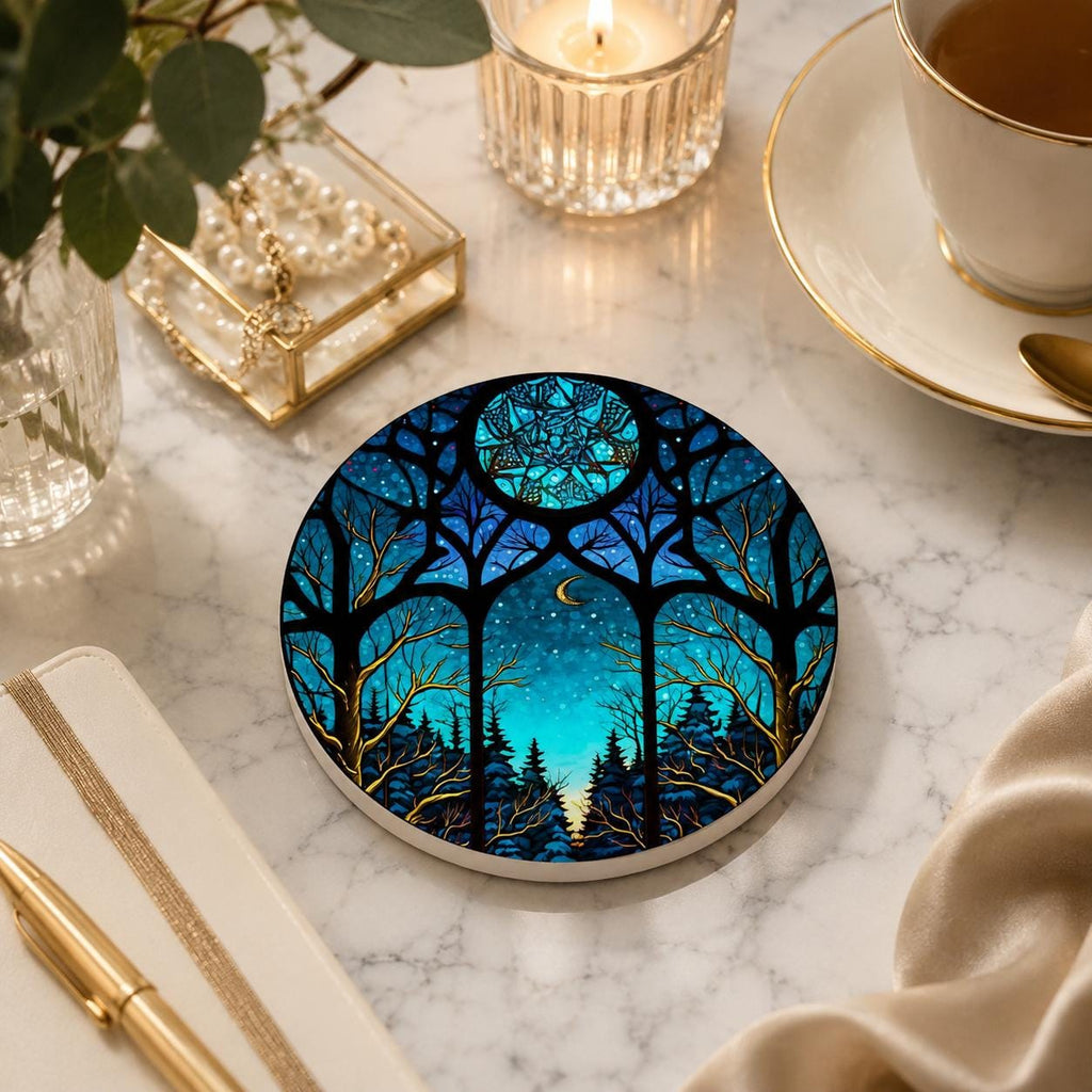 Moonlit Forest Ceramic Coaster, Smooth Surface Celestial Night Sky Decor