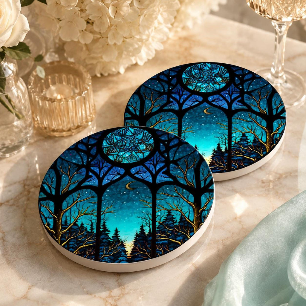 Moonlit Forest Ceramic Coaster, Smooth Surface Celestial Night Sky Decor