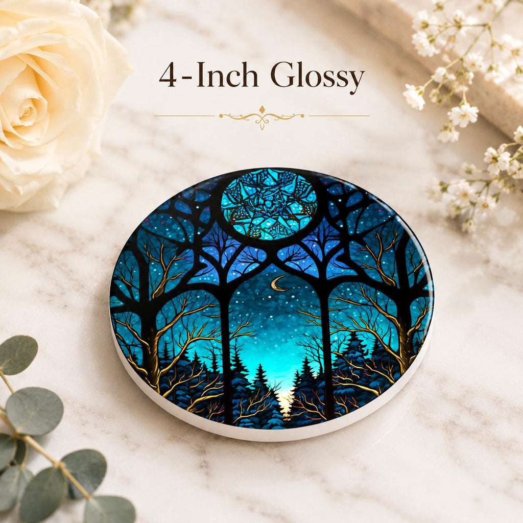 Moonlit Forest Ceramic Coaster, Smooth Surface Celestial Night Sky Decor