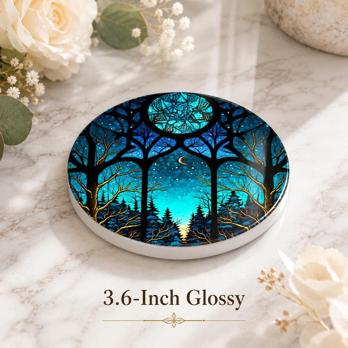 Moonlit Forest Ceramic Coaster, Smooth Surface Celestial Night Sky Decor