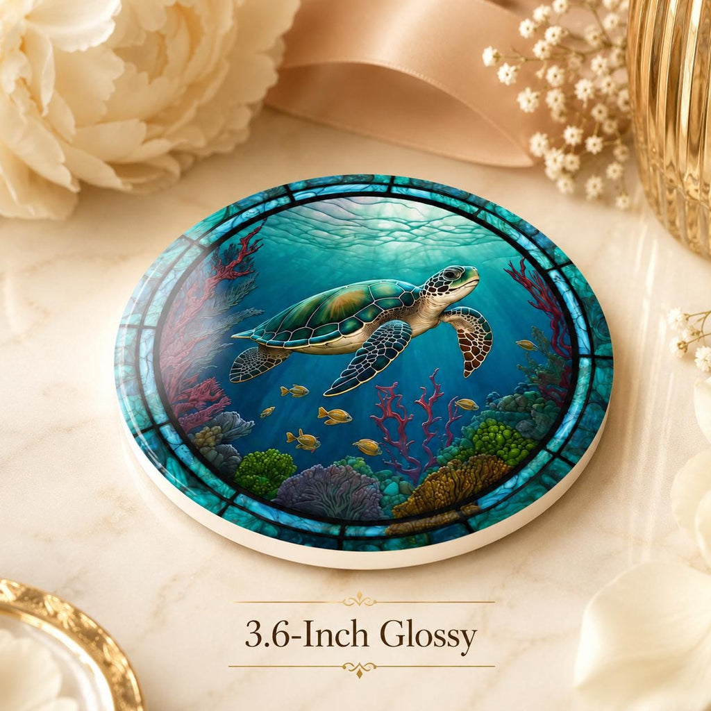 Sea Turtle Ceramic Coaster, Ocean Art Glass Style, Coastal Nautical Beach Decor Gift