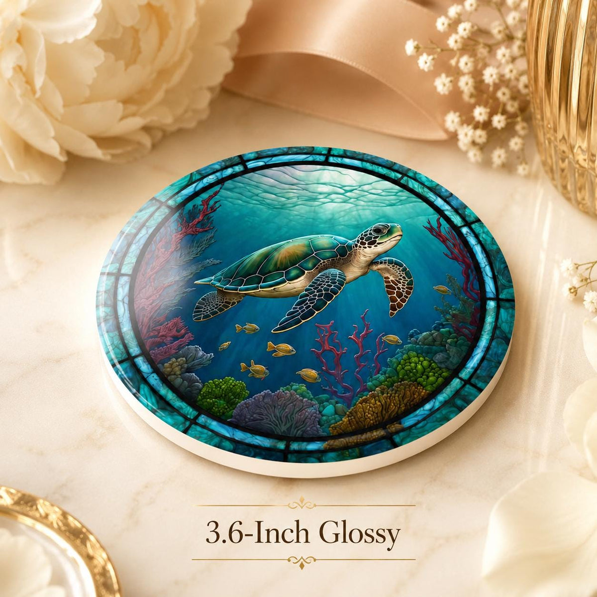 Sea Turtle Ceramic Coaster, Ocean Art Glass Style, Coastal Nautical Beach Decor Gift