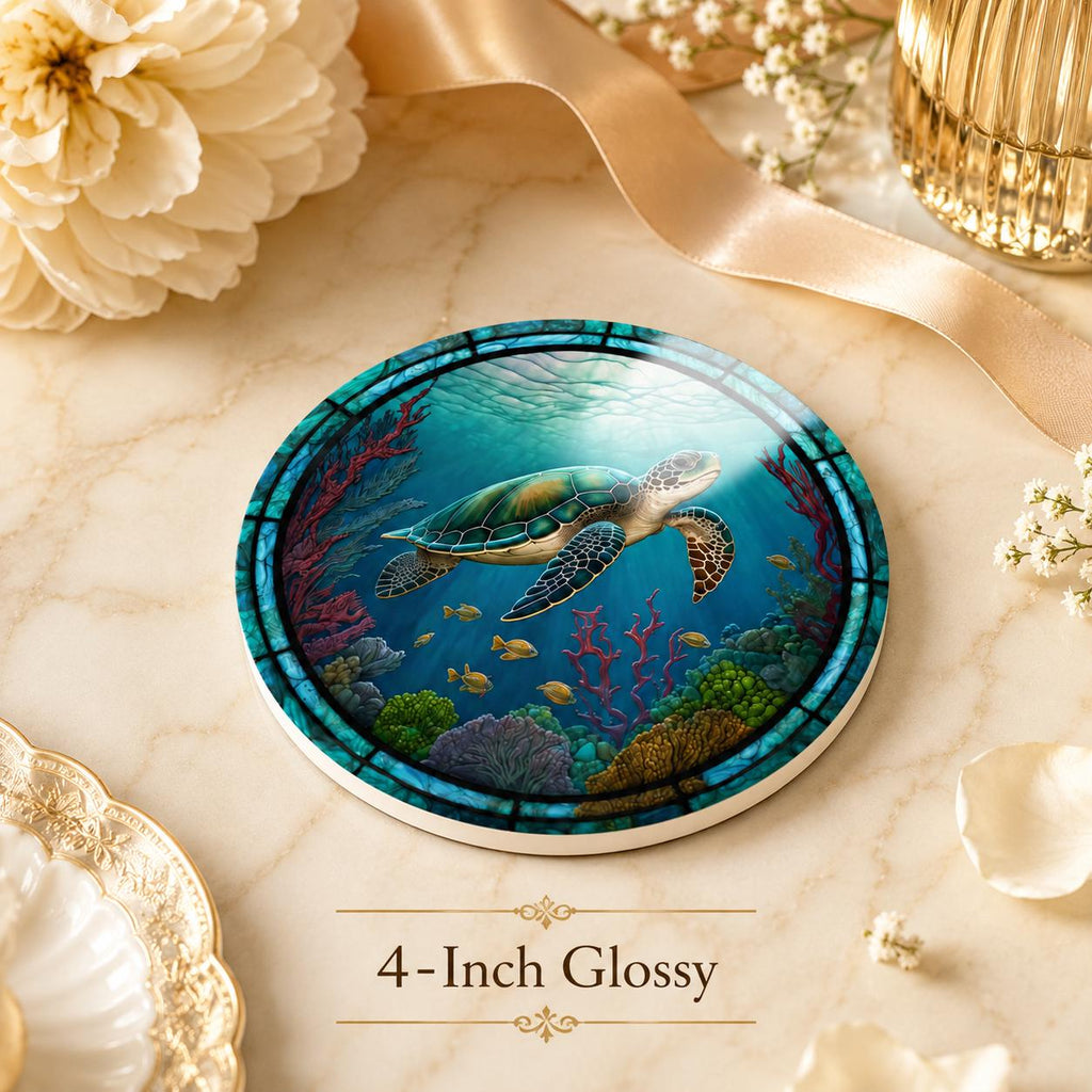 Sea Turtle Ceramic Coaster, Ocean Art Glass Style, Coastal Nautical Beach Decor Gift