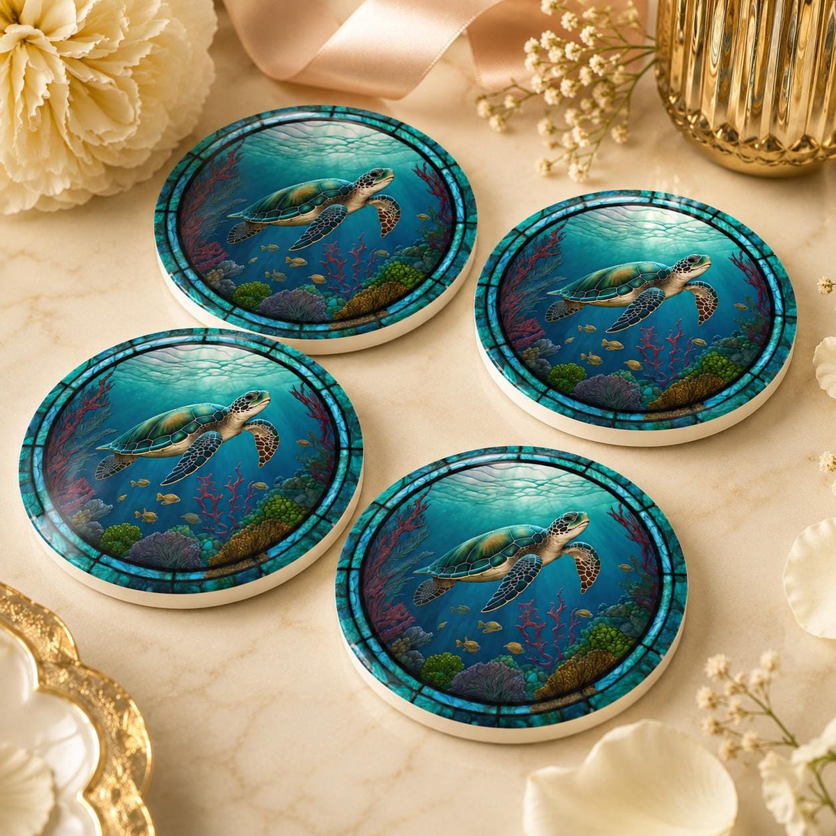 Sea Turtle Ceramic Coaster, Ocean Art Glass Style, Coastal Nautical Beach Decor Gift