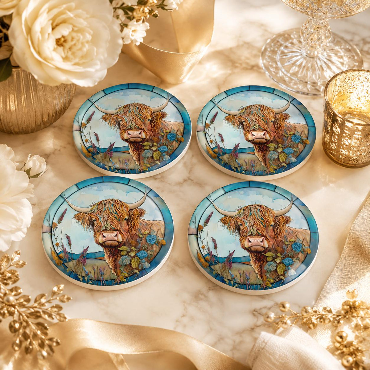 Highland Cow Ceramic Coaster, Art Glass Style Farmhouse Decor, Scottish Cattle Gift