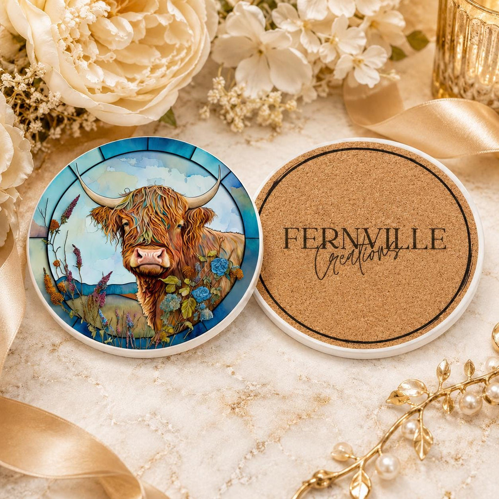 Highland Cow Ceramic Coaster, Art Glass Style Farmhouse Decor, Scottish Cattle Gift