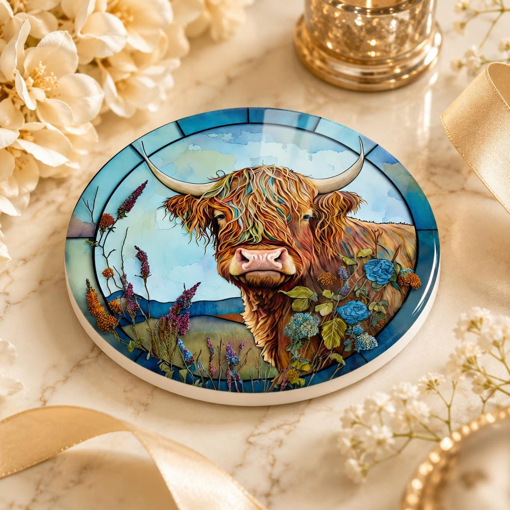 Highland Cow Ceramic Coaster, Art Glass Style Farmhouse Decor, Scottish Cattle Gift