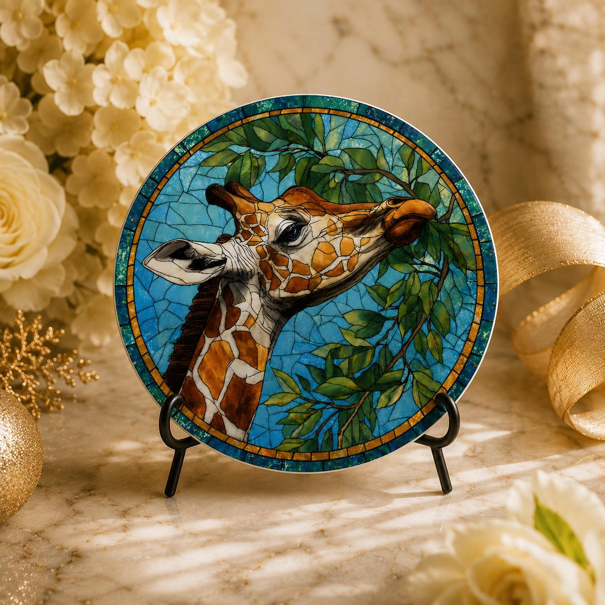 Giraffe Ceramic Coaster, Art Glass Style Safari Animal Decor, Wildlife Lover Gift