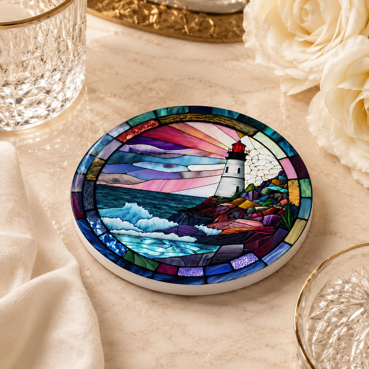 Coastal Lighthouse Ceramic Coaster, Round Ocean Drink Mat, Nautical Gift Decor