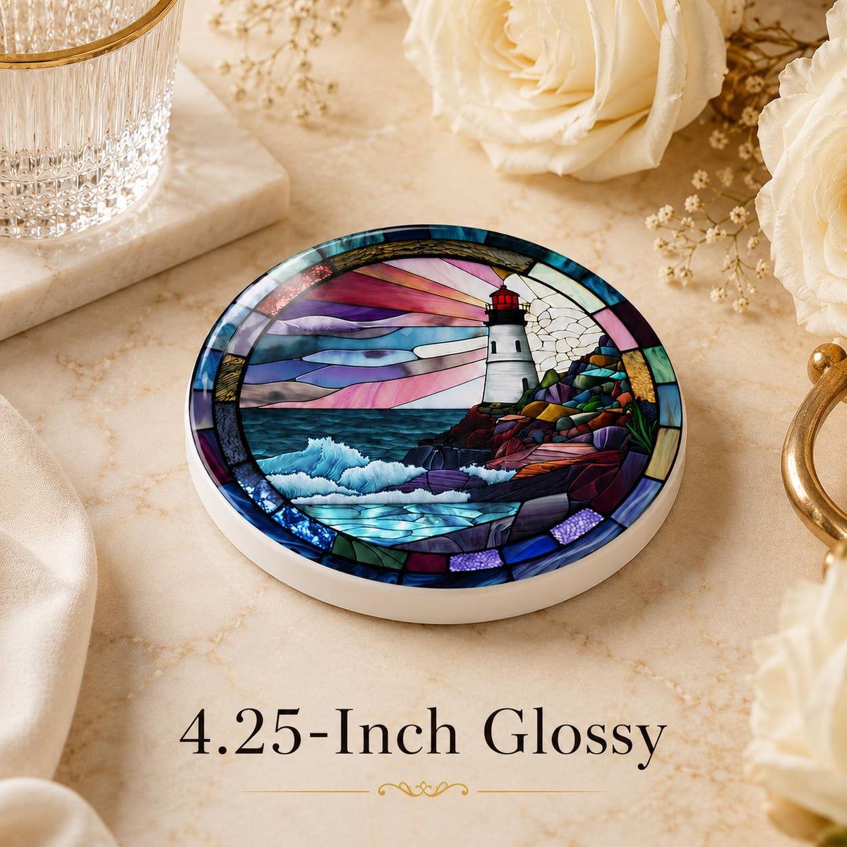Coastal Lighthouse Ceramic Coaster, Round Ocean Drink Mat, Nautical Gift Decor