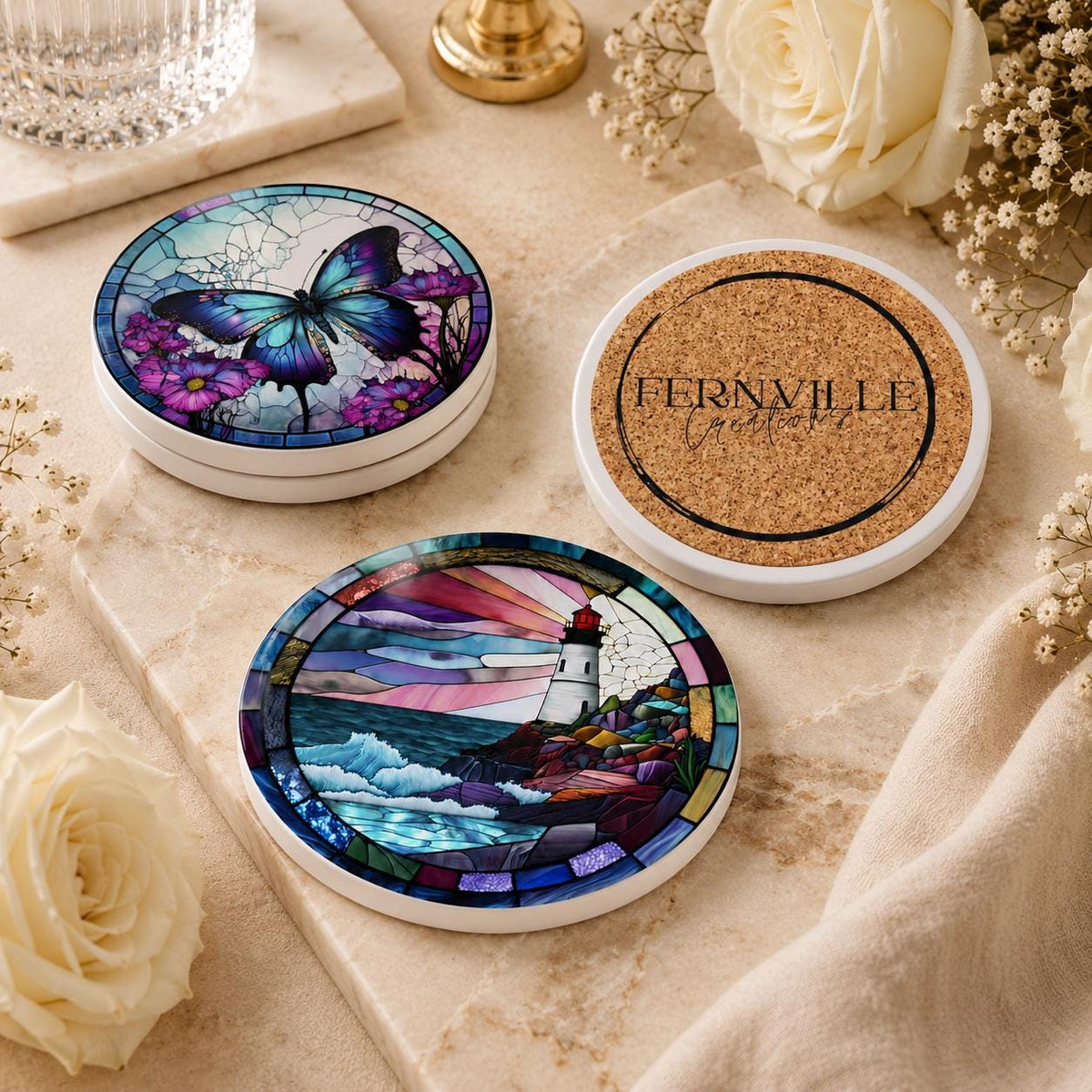 Coastal Lighthouse Ceramic Coaster, Round Ocean Drink Mat, Nautical Gift Decor