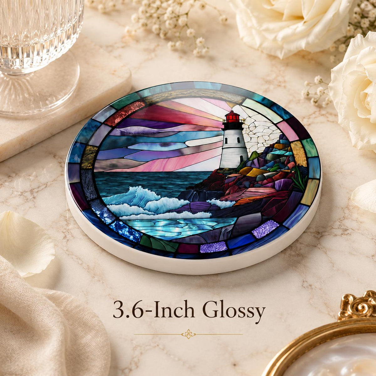 Coastal Lighthouse Ceramic Coaster, Round Ocean Drink Mat, Nautical Gift Decor