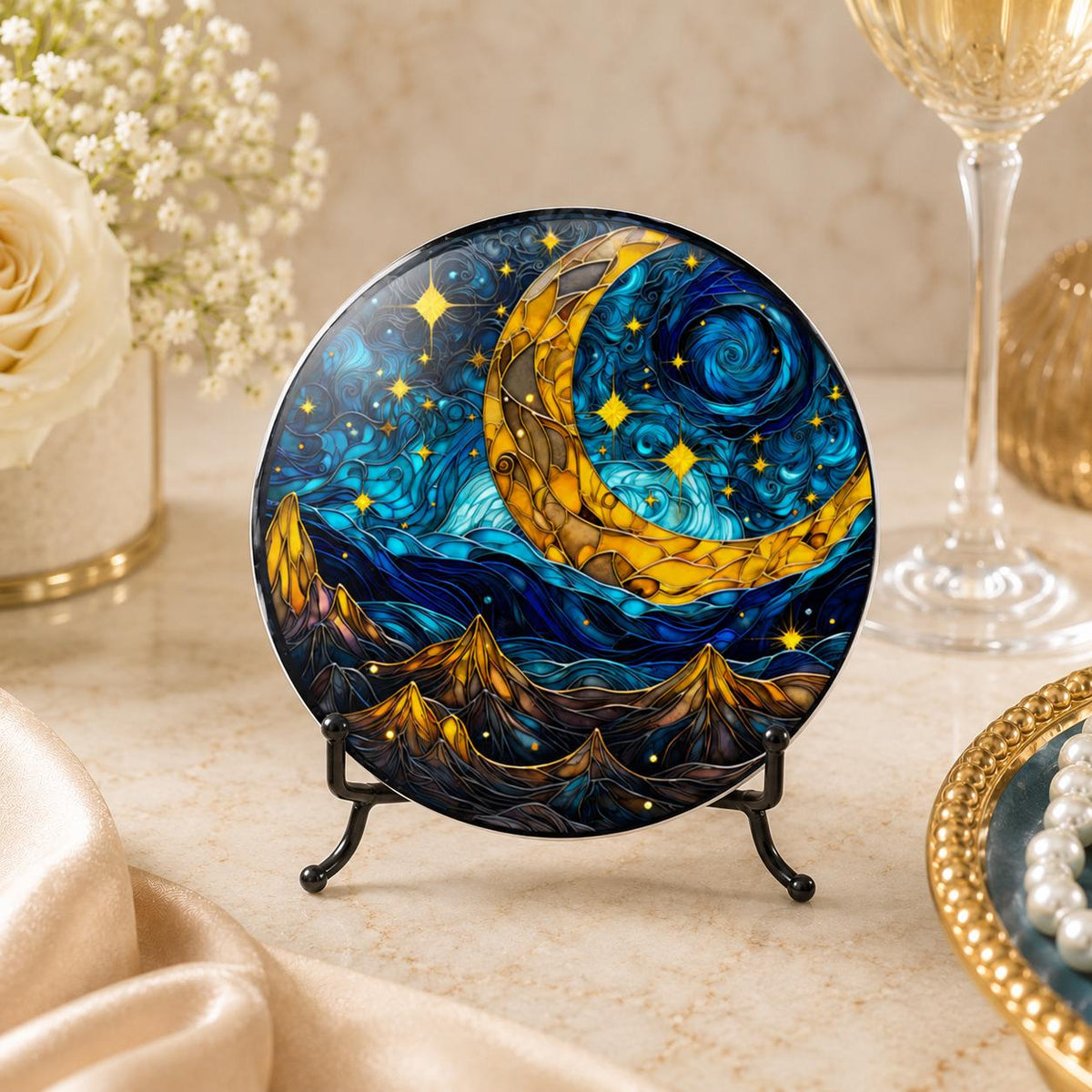 Crescent Moon Ceramic Coaster, Celestial Mountain Decor, Blue Night Sky Gift