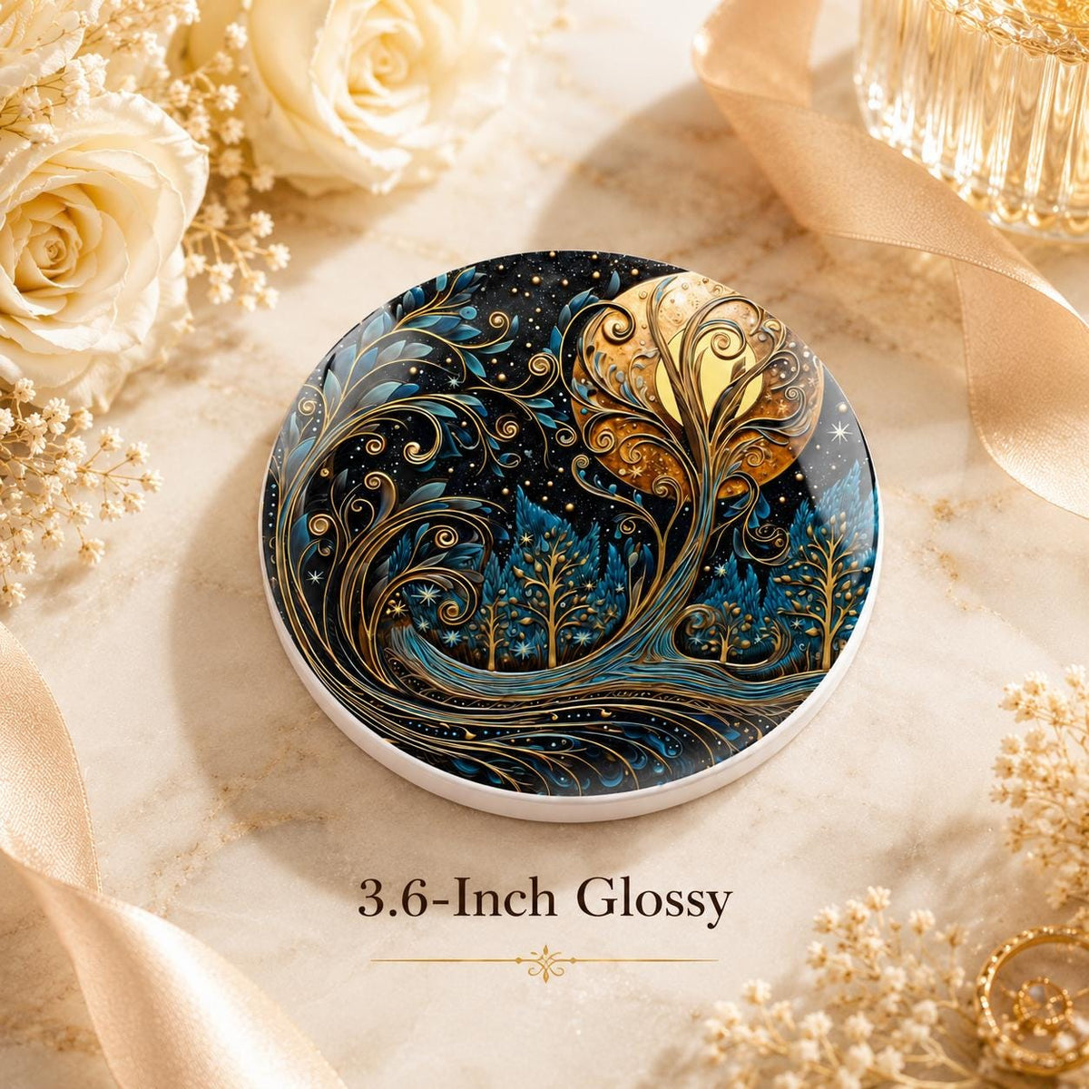 Moon Tree Ceramic Coaster, Blue Gold Celestial Forest Decor Gift