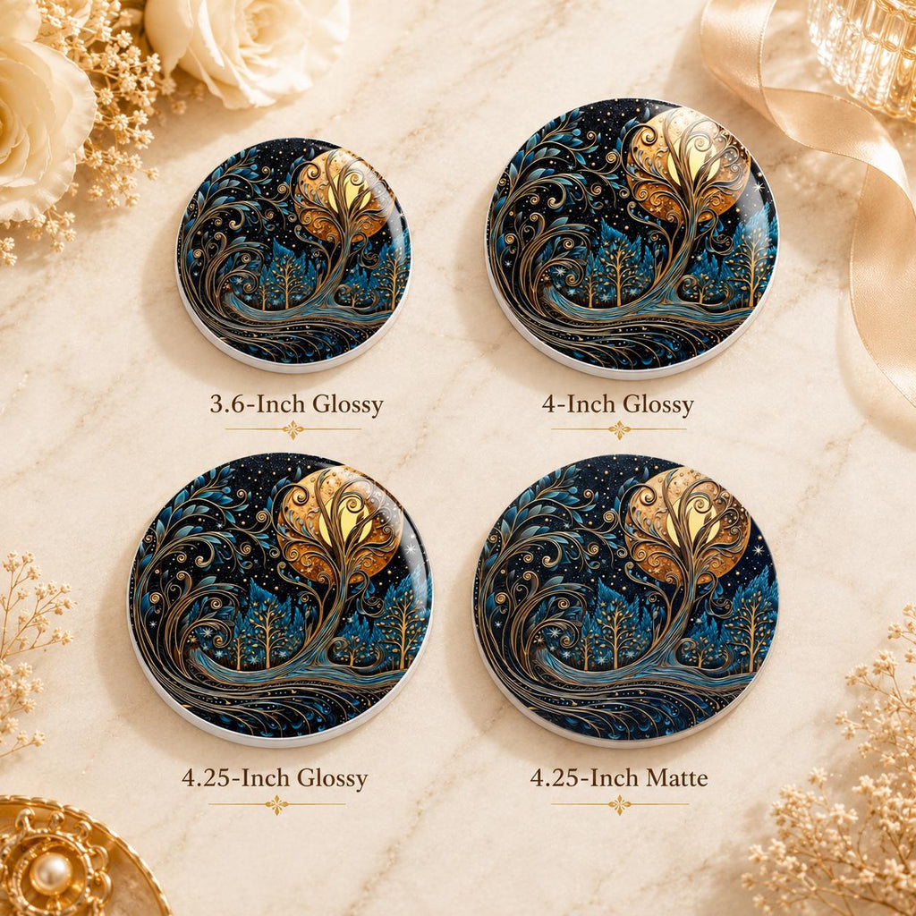Moon Tree Ceramic Coaster, Blue Gold Celestial Forest Decor Gift