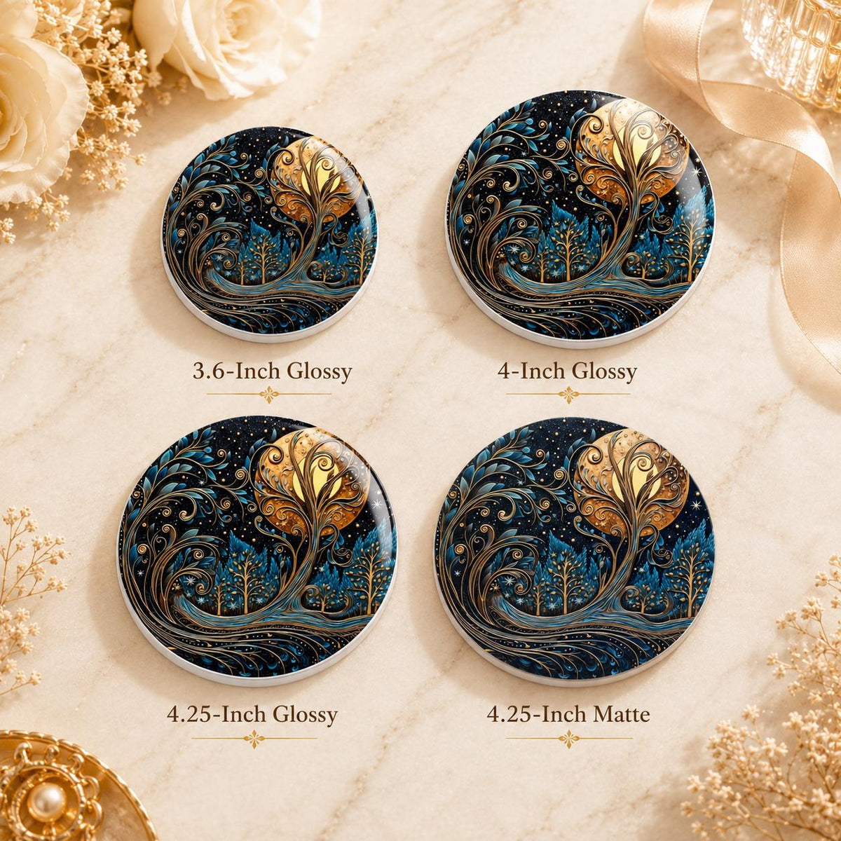 Moon Tree Ceramic Coaster, Blue Gold Celestial Forest Decor Gift