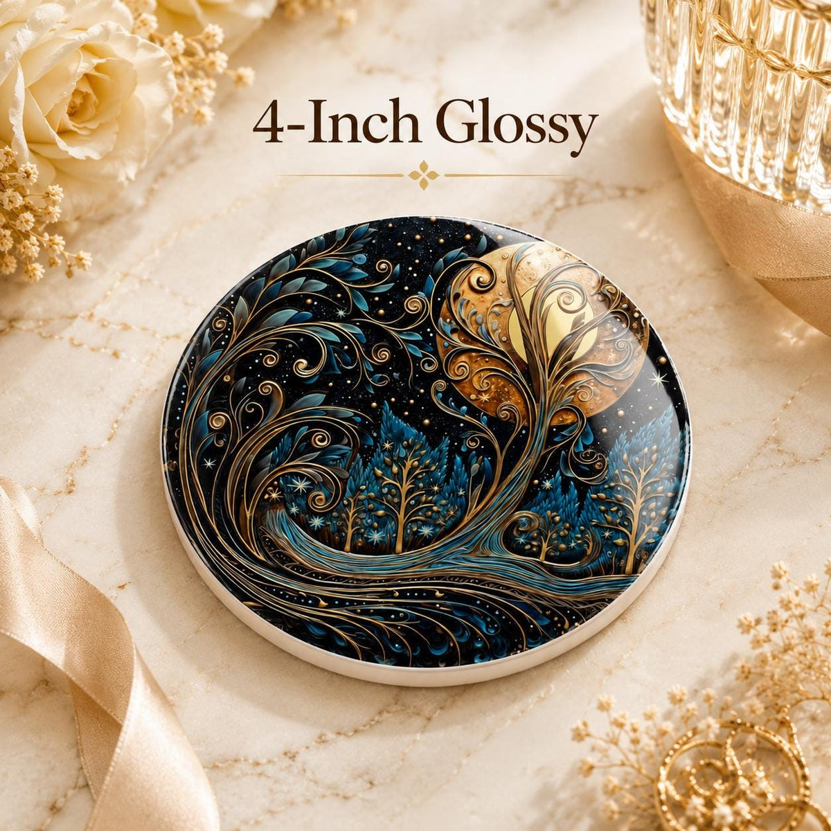 Moon Tree Ceramic Coaster, Blue Gold Celestial Forest Decor Gift