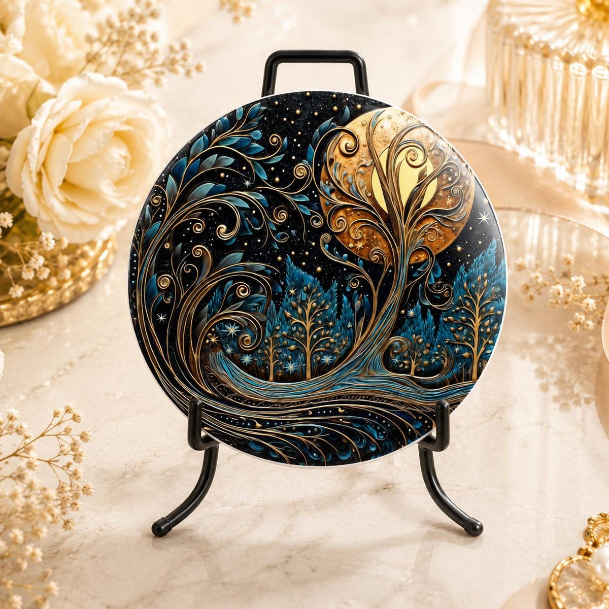 Moon Tree Ceramic Coaster, Blue Gold Celestial Forest Decor Gift
