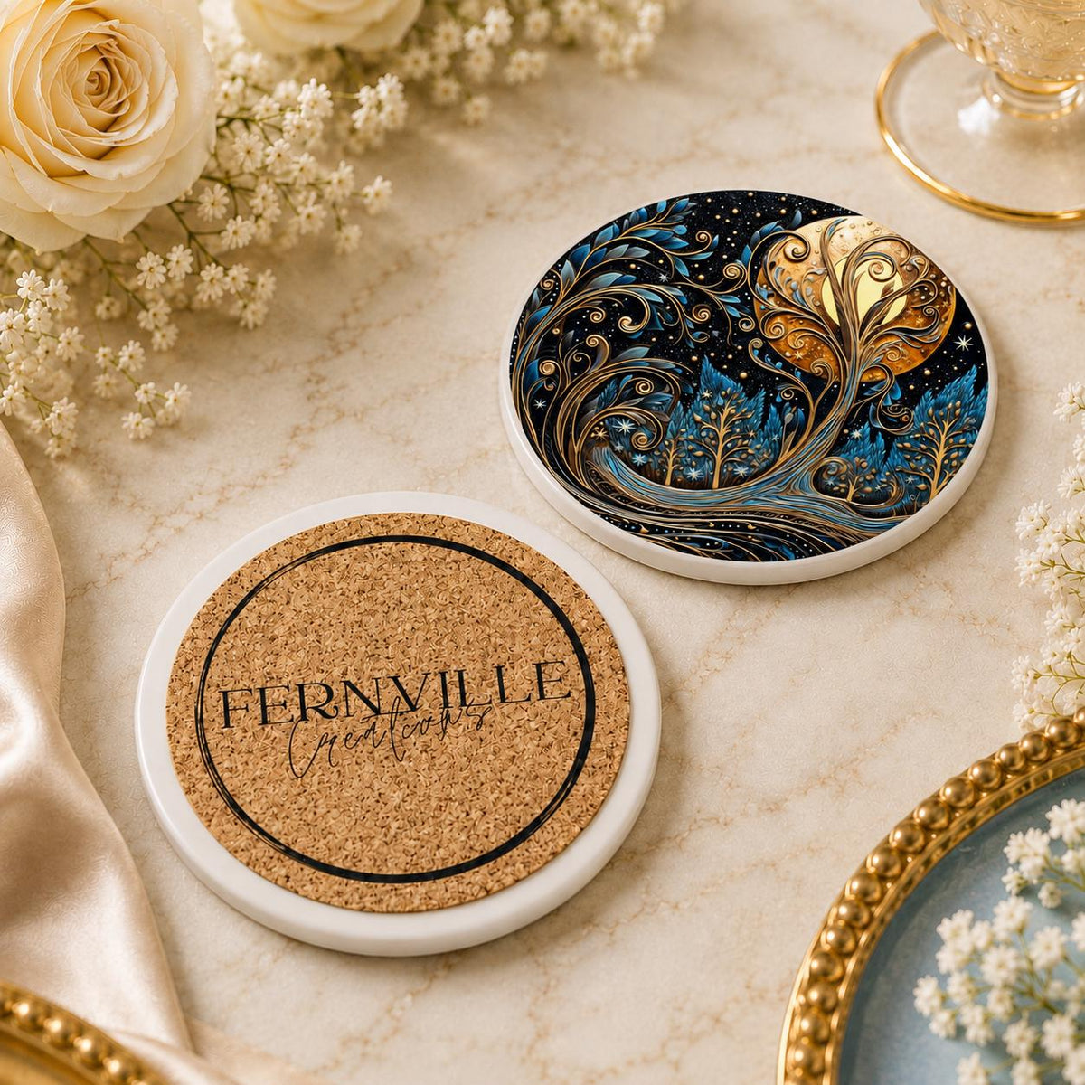 Moon Tree Ceramic Coaster, Blue Gold Celestial Forest Decor Gift