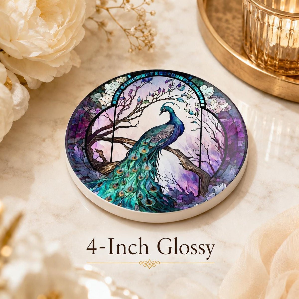 Peacock Ceramic Coaster, Purple Teal Art-Glass Garden Bird Decor Gift