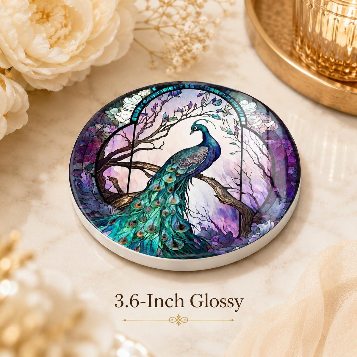 Peacock Ceramic Coaster, Purple Teal Art-Glass Garden Bird Decor Gift