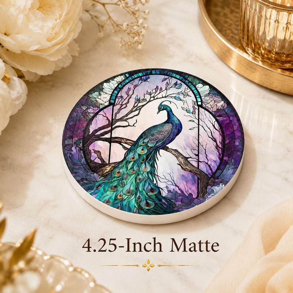 Peacock Ceramic Coaster, Purple Teal Art-Glass Garden Bird Decor Gift