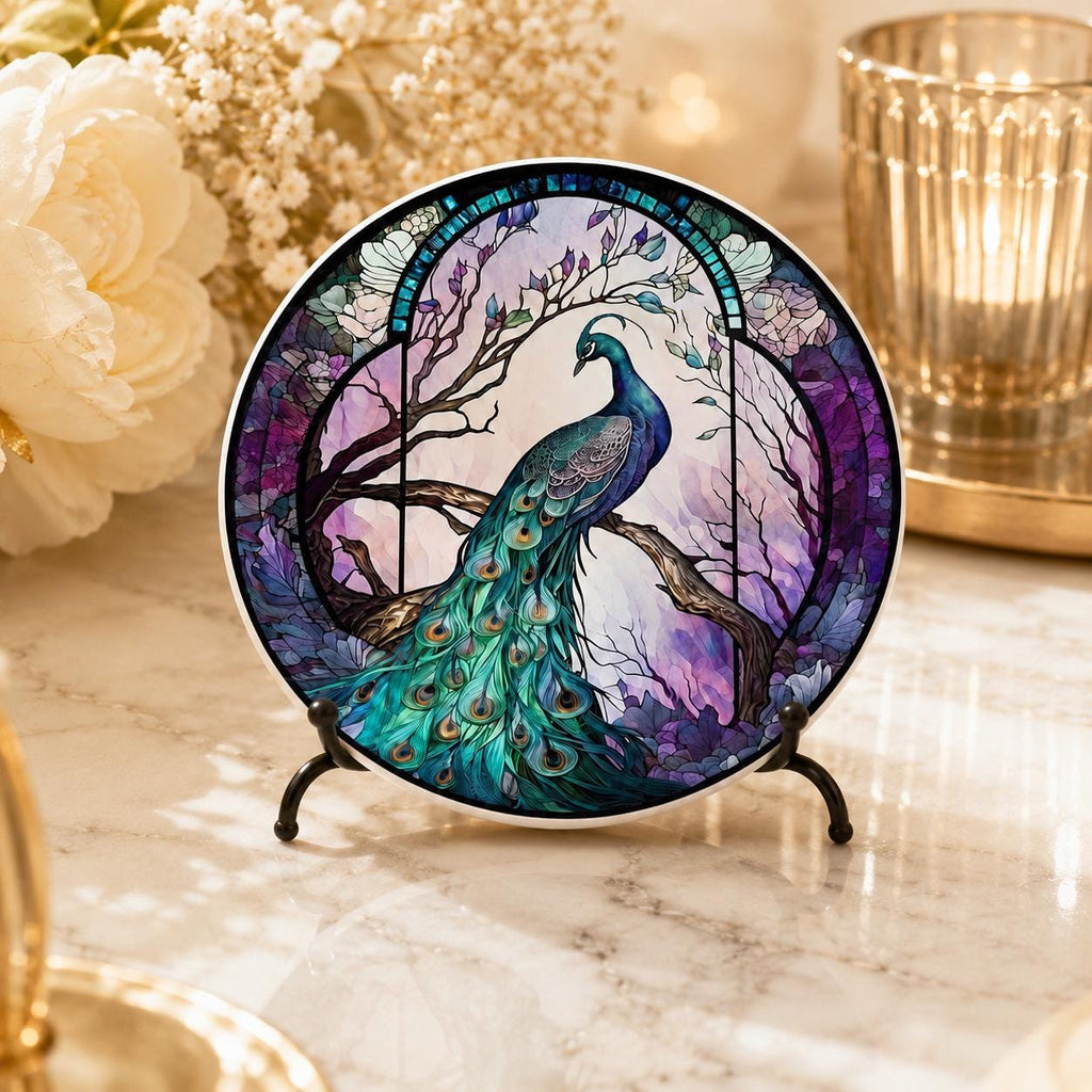 Peacock Ceramic Coaster, Purple Teal Art-Glass Garden Bird Decor Gift