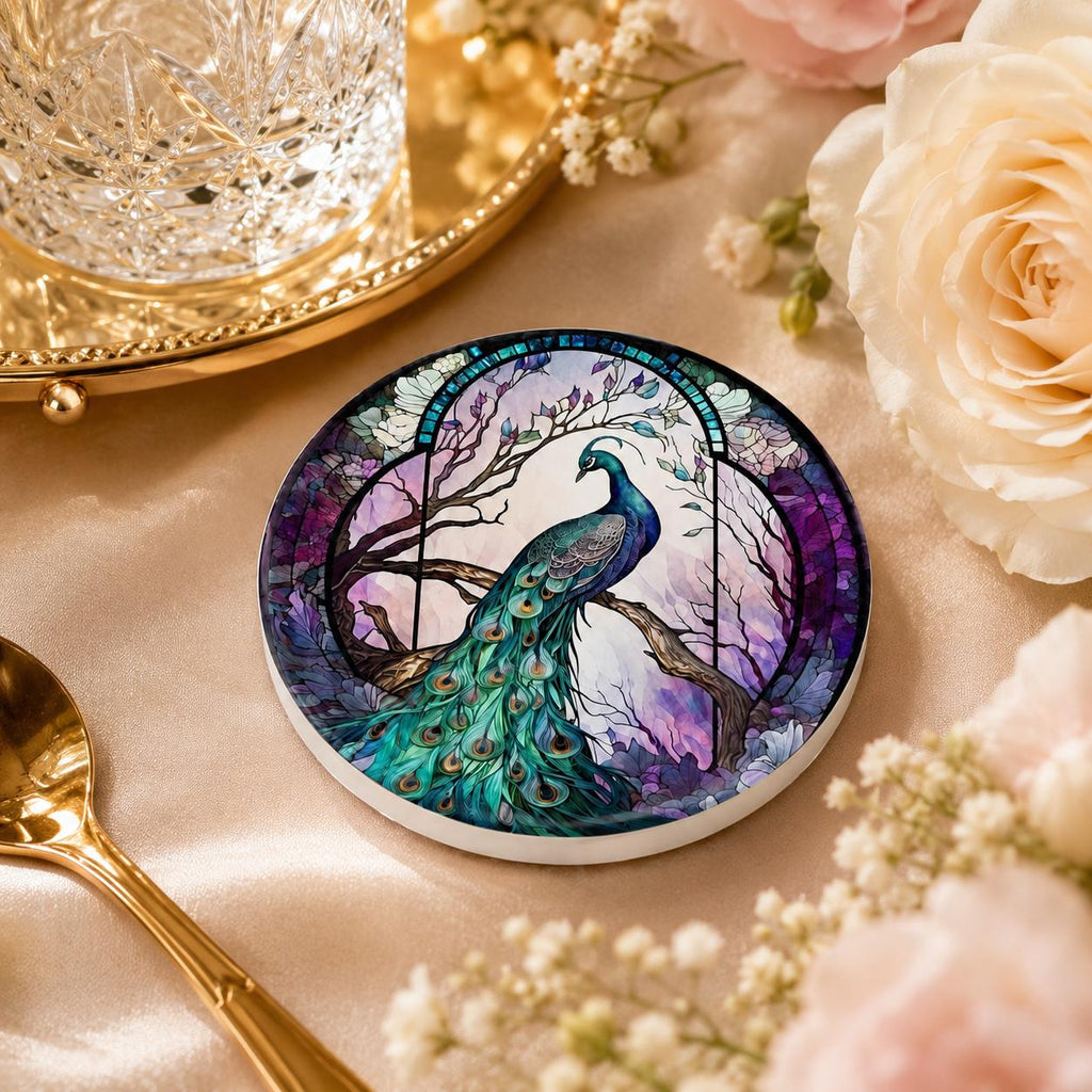 Peacock Ceramic Coaster, Purple Teal Art-Glass Garden Bird Decor Gift