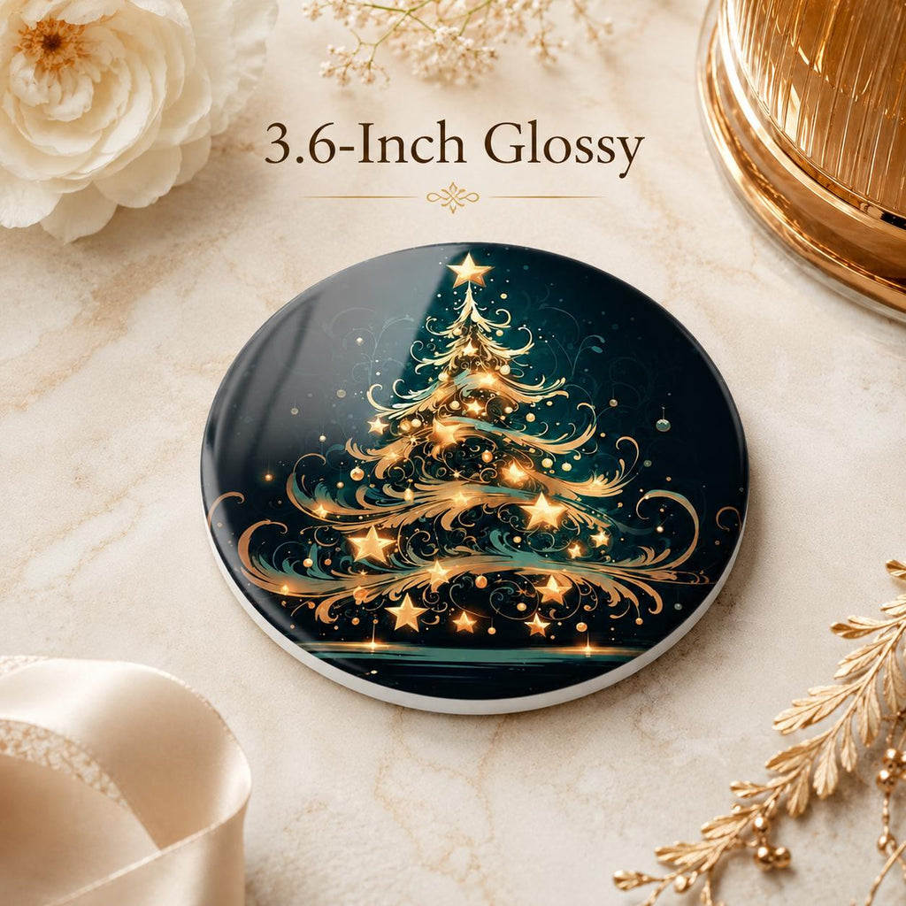 Christmas Tree Ceramic Coaster, Gold Teal Holiday Drinkware Decor, Luxe Winter Table Accent