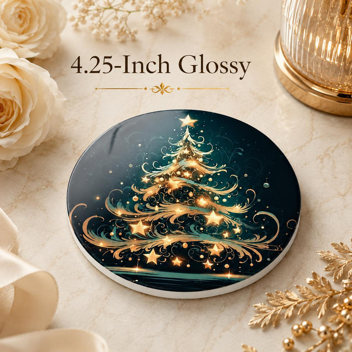 Christmas Tree Ceramic Coaster, Gold Teal Holiday Drinkware Decor, Luxe Winter Table Accent