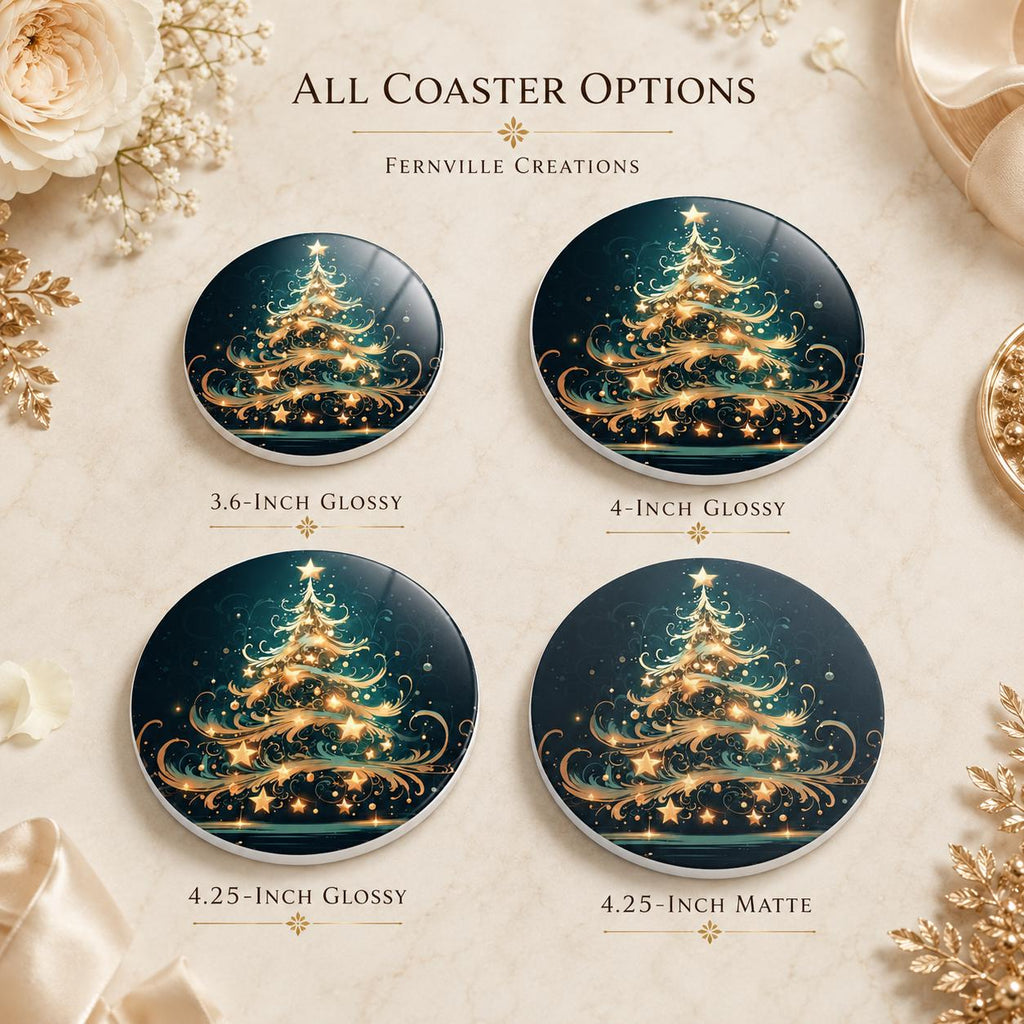 Christmas Tree Ceramic Coaster, Gold Teal Holiday Drinkware Decor, Luxe Winter Table Accent