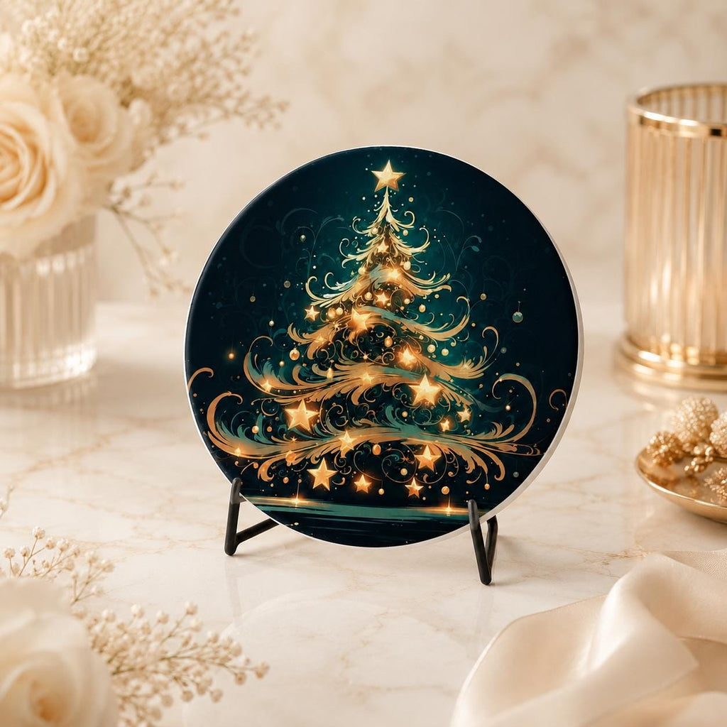 Christmas Tree Ceramic Coaster, Gold Teal Holiday Drinkware Decor, Luxe Winter Table Accent