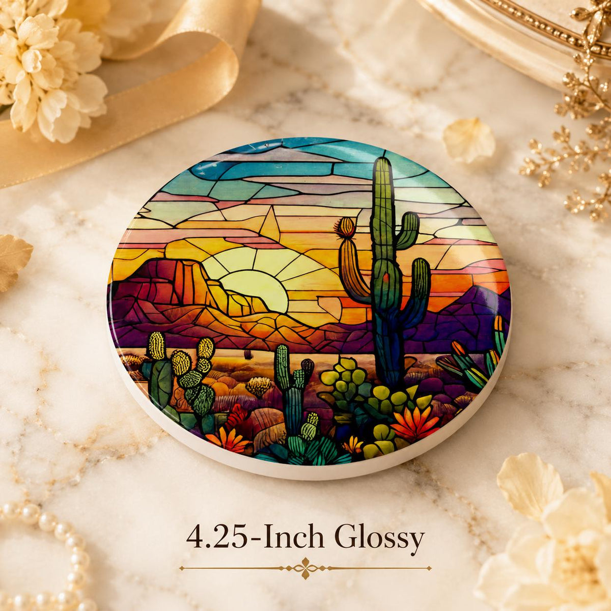 Desert Sunset Ceramic Coaster, Cactus Drink Mat, Leaded-Glass-Inspired Southwest Decor