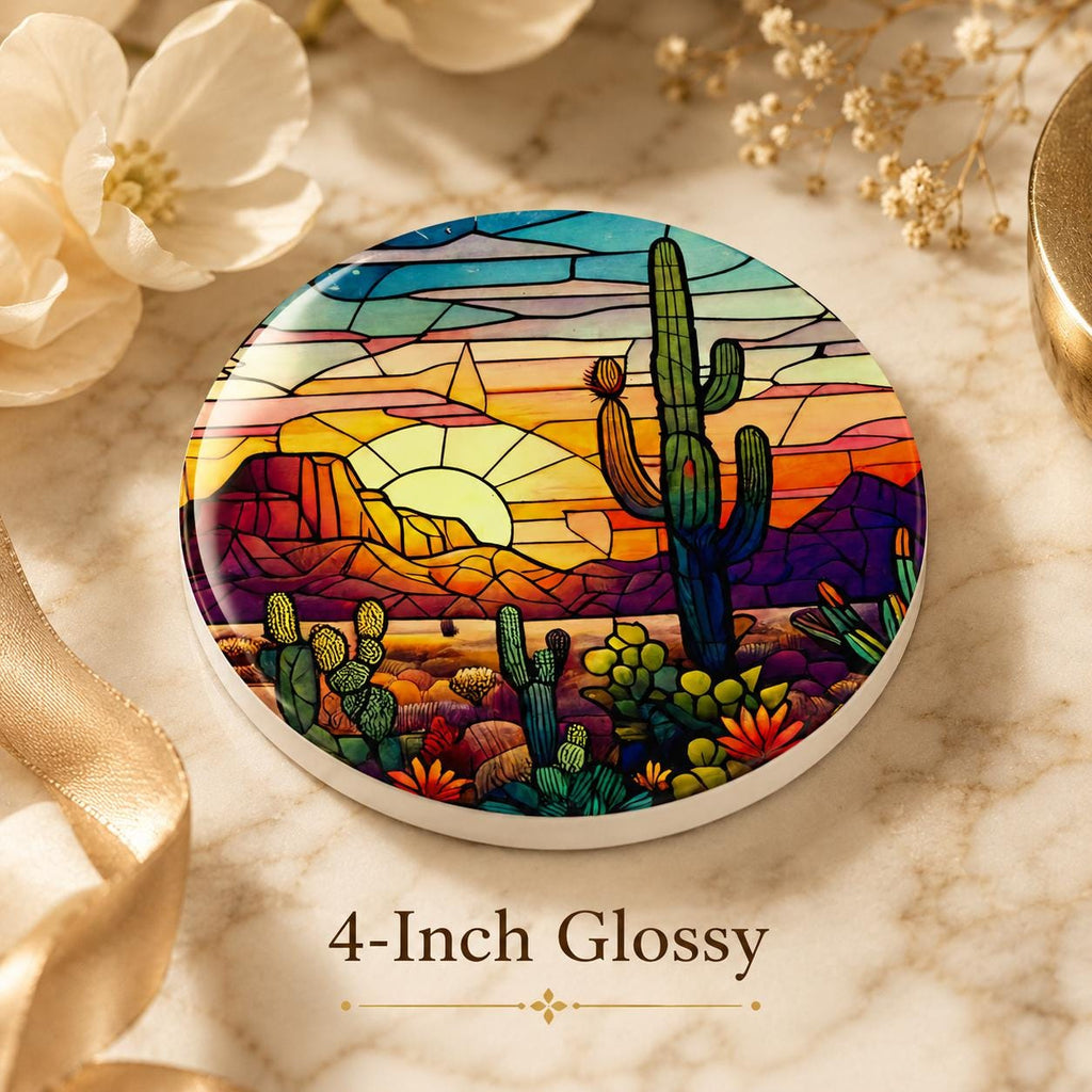 Desert Sunset Ceramic Coaster, Cactus Drink Mat, Leaded-Glass-Inspired Southwest Decor
