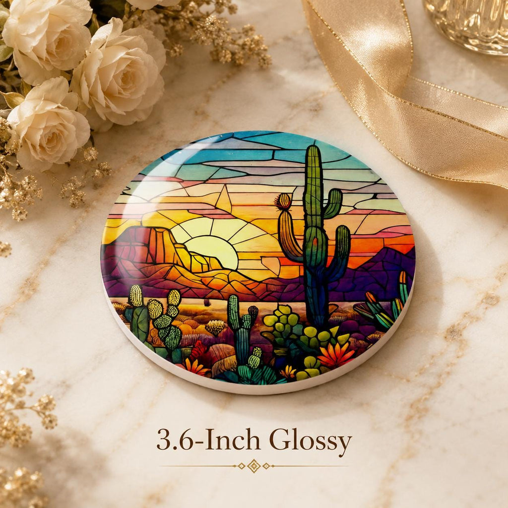 Desert Sunset Ceramic Coaster, Cactus Drink Mat, Leaded-Glass-Inspired Southwest Decor