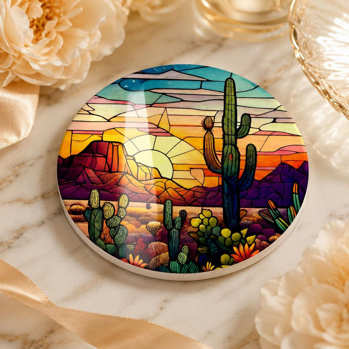 Desert Sunset Ceramic Coaster, Cactus Drink Mat, Leaded-Glass-Inspired Southwest Decor