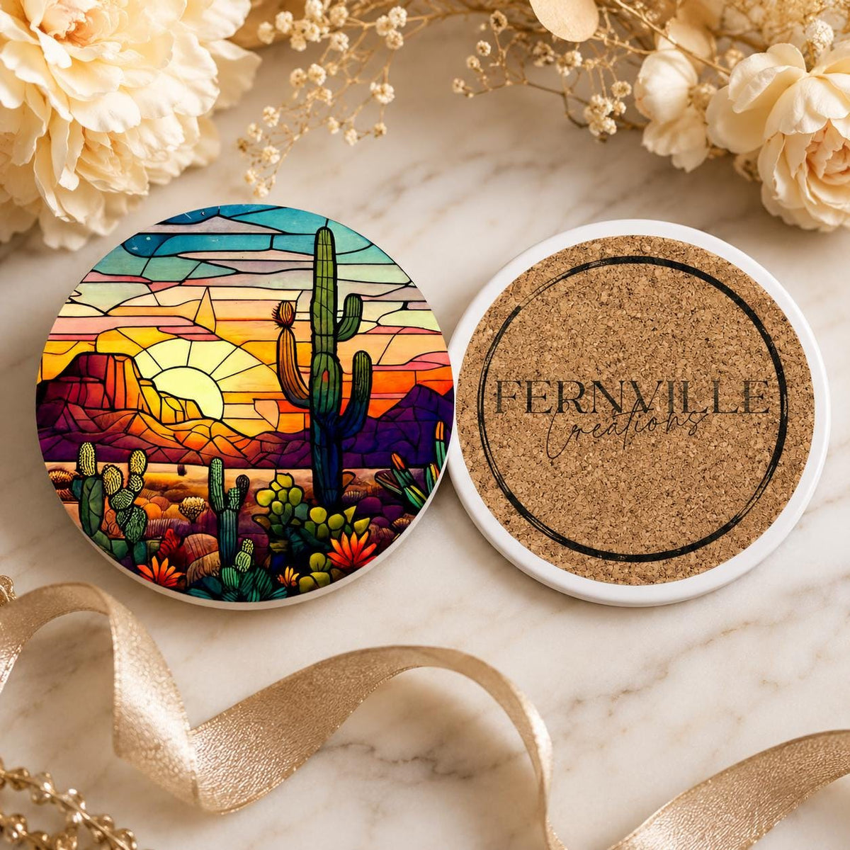 Desert Sunset Ceramic Coaster, Cactus Drink Mat, Leaded-Glass-Inspired Southwest Decor