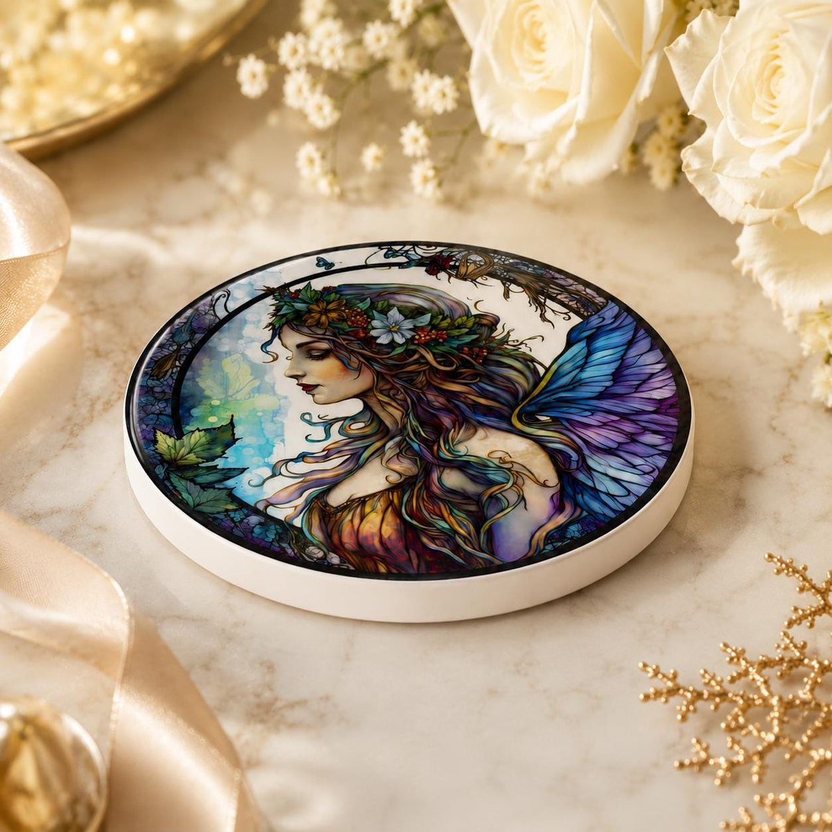 Fairy Art Ceramic Coaster, Fantasy Decor, Stained Glass Style, Whimsical Gift