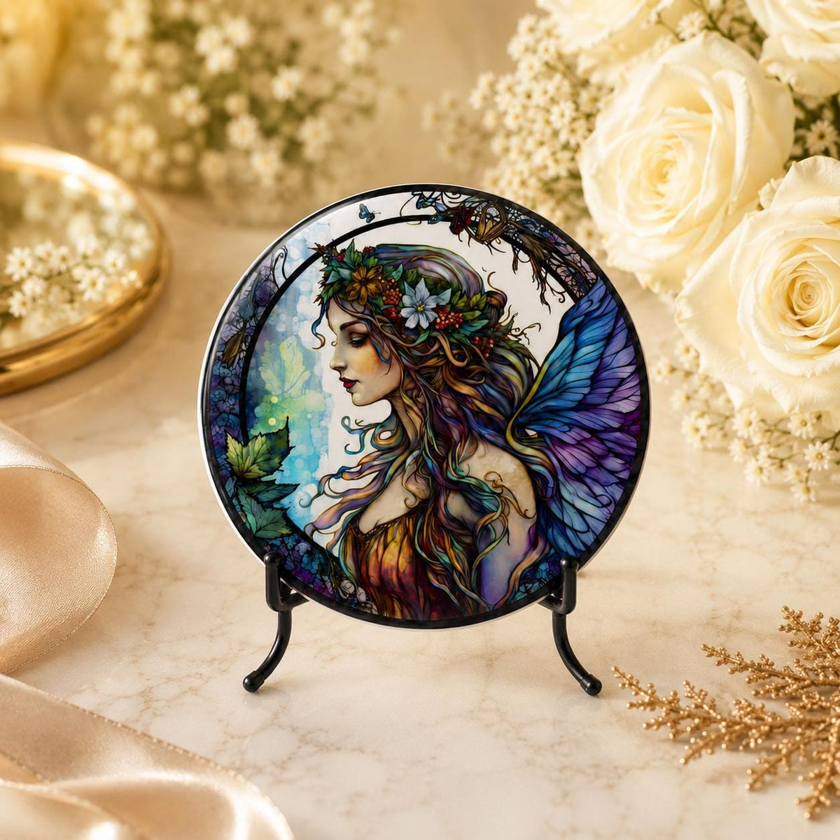 Fairy Art Ceramic Coaster, Fantasy Decor, Stained Glass Style, Whimsical Gift