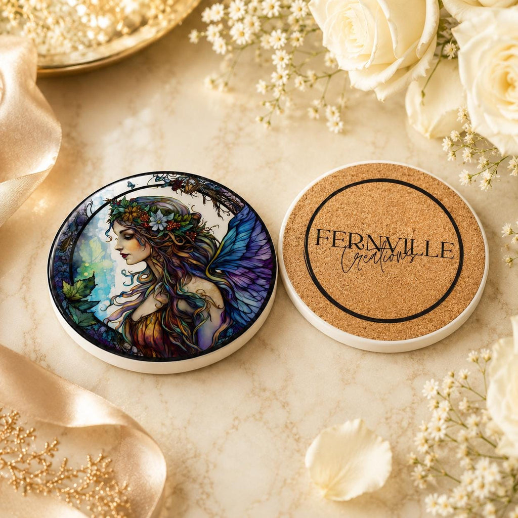 Fairy Art Ceramic Coaster, Fantasy Decor, Stained Glass Style, Whimsical Gift