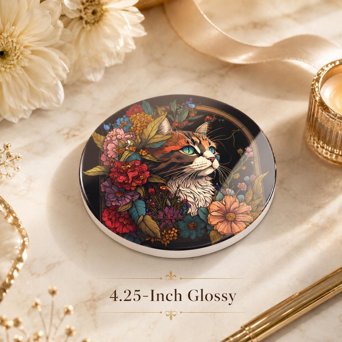 Floral Cat Ceramic Coaster, Luxe Pet Portrait Decor, Animal Lover Gift