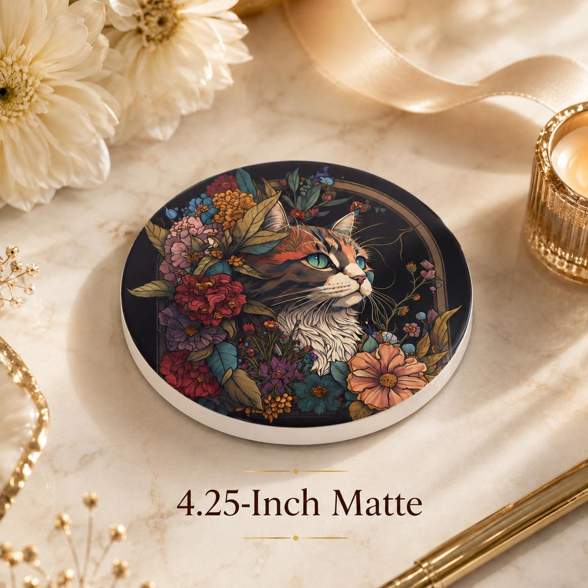 Floral Cat Ceramic Coaster, Luxe Pet Portrait Decor, Animal Lover Gift