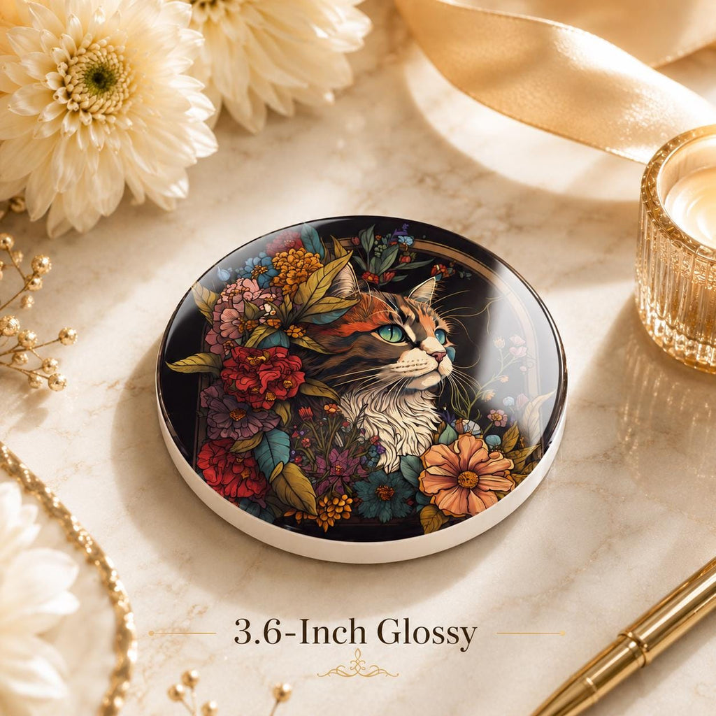Floral Cat Ceramic Coaster, Luxe Pet Portrait Decor, Animal Lover Gift