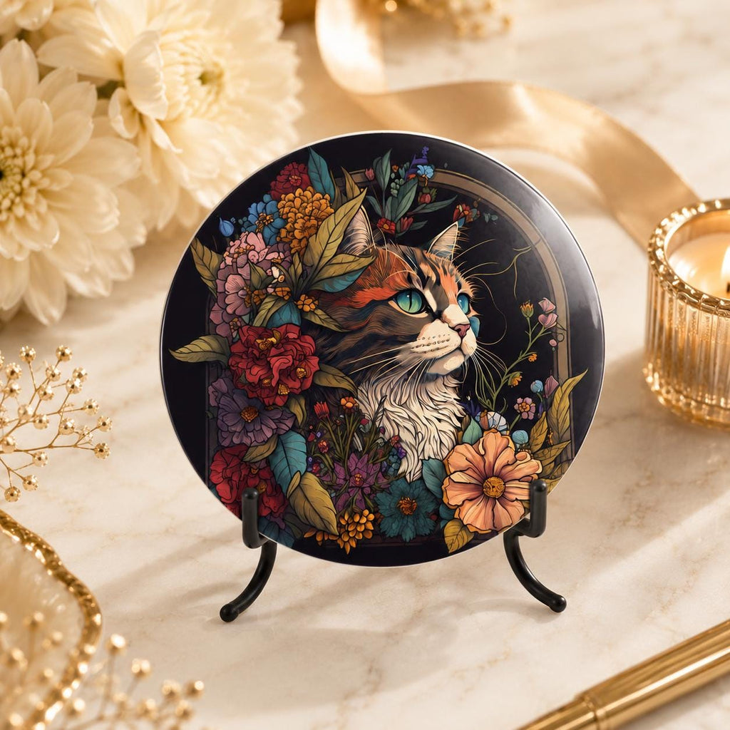 Floral Cat Ceramic Coaster, Luxe Pet Portrait Decor, Animal Lover Gift