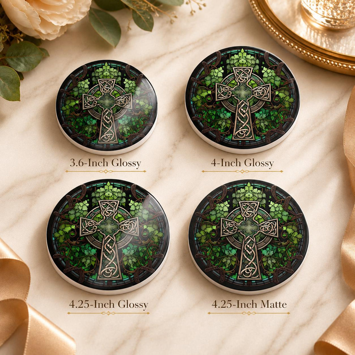 Celtic Cross Ceramic Coaster, Irish Shamrock Drink Mat, Green Botanical Table Decor