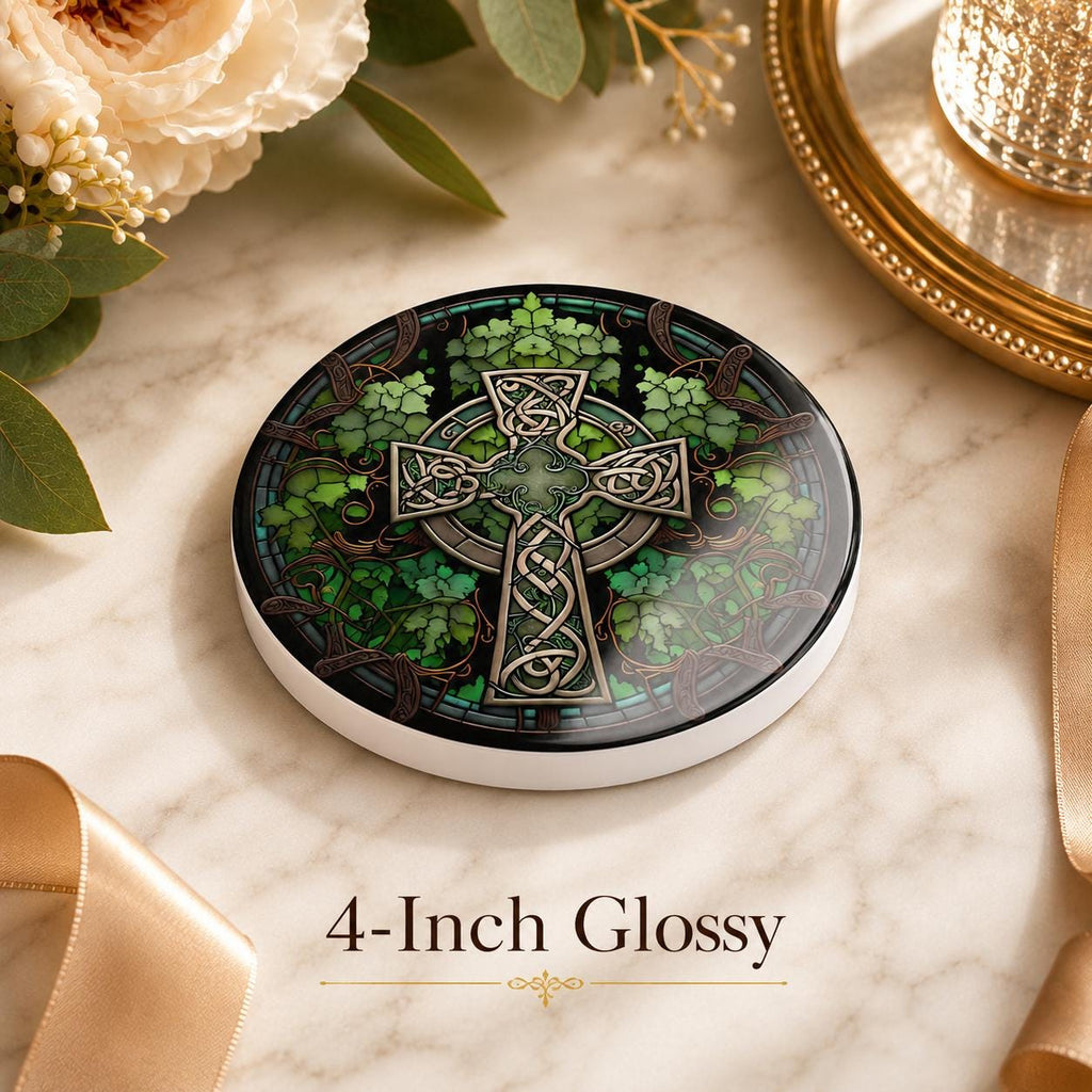 Celtic Cross Ceramic Coaster, Irish Shamrock Drink Mat, Green Botanical Table Decor